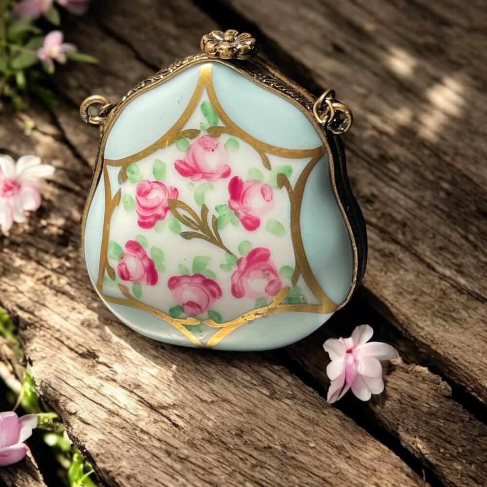 Authentic Vintage Limoges Floral Purse Roses Trinket Box, Engagement Ring Box,